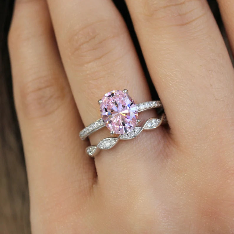 Oval 2.5 CT Pink Bridal Ring Set, Sterling Silver Wedding Ring, Matching Infinity Full Eternity Band, CREATED Pink Diamond Engagement Ring