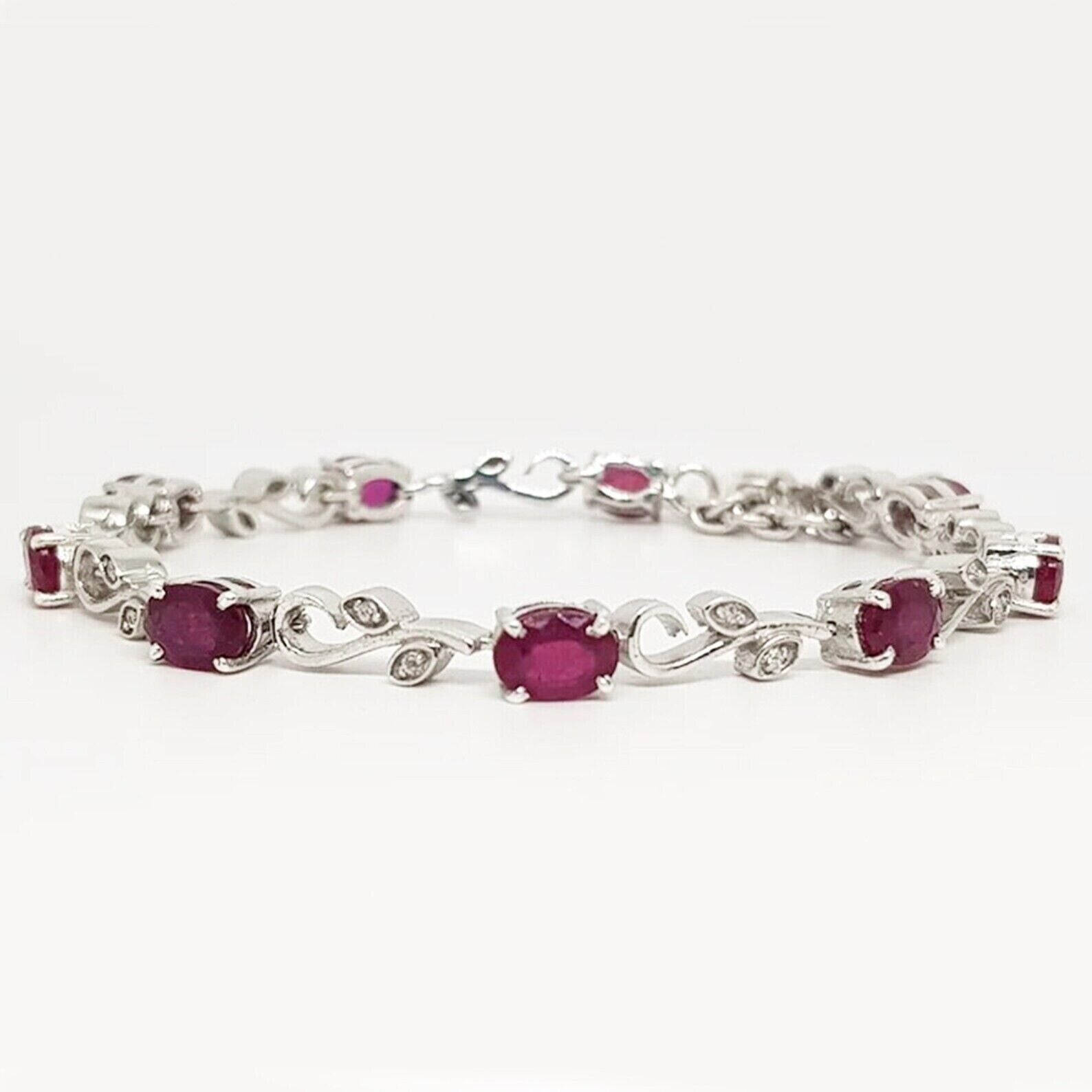 Pink Ruby 5.00Ct Oval Cut Lab-Created Women's Tennis Bracelet 14K White Gold Plated