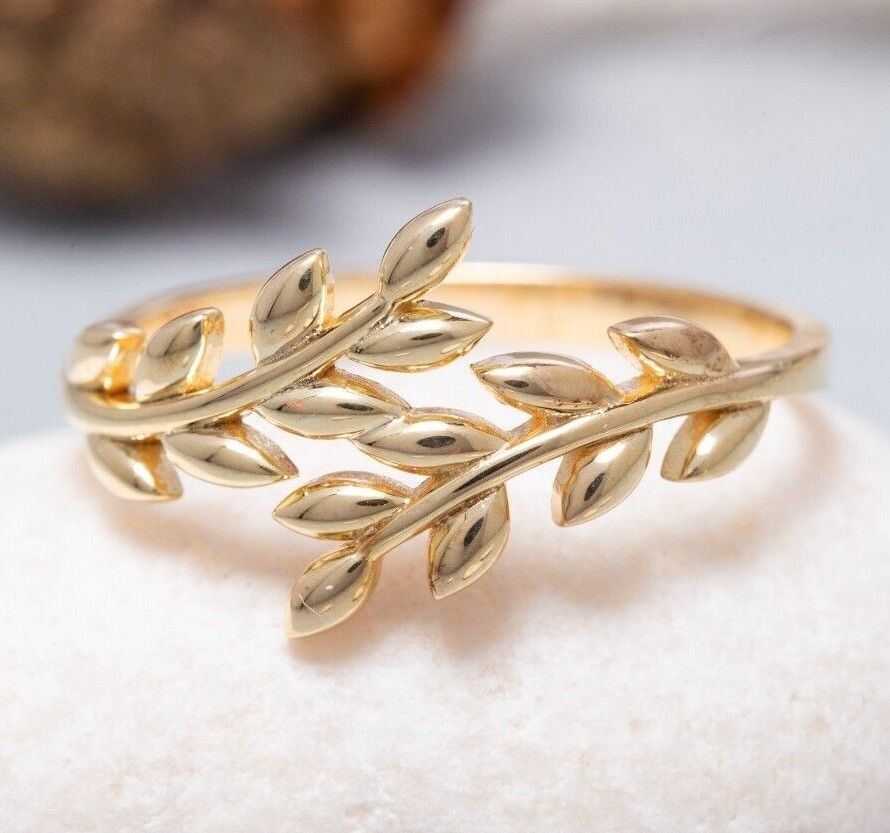 Real 14K Solid Gold silver 925 Olive Leaf Ring