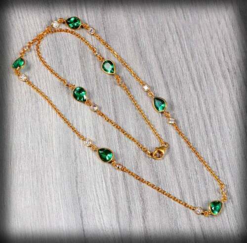 Emerald & Diamond Station By The Yard Necklace 14K Yellow Gold Finish