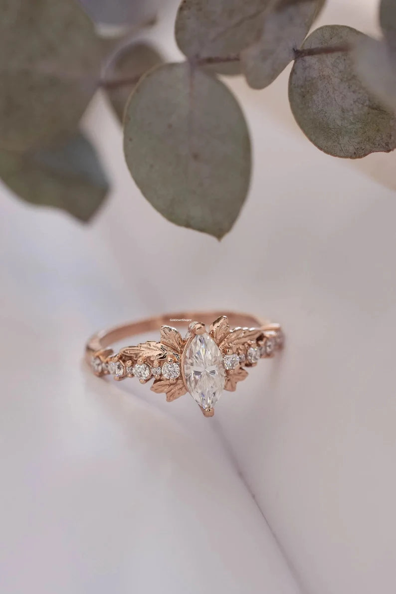 Marquise Cut Moissanite Engagement Ring Natural Leaves Ring 14K Gold Ring Unique Ring Promise Ring For Woman Gift For Her 925 Silver Ring