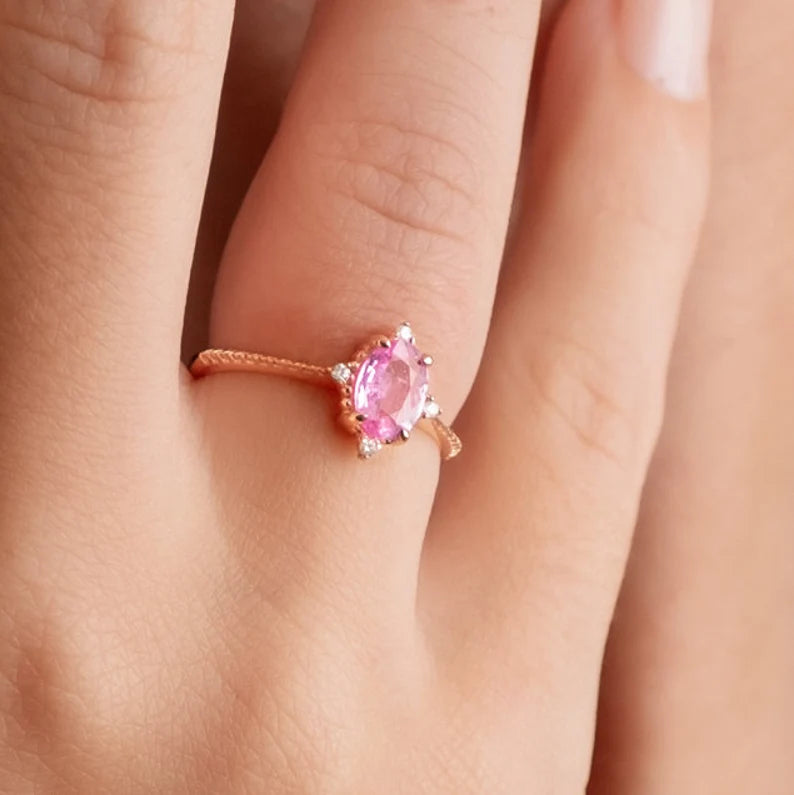 Vintage Oval Pink Sapphire, Diamond, 14K Gold Ring - Unique Round Wedding & Engagement Band