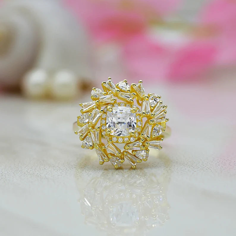 Antique Sunflower Cluster Wedding Ring, Trendy 2.15 TCW White Round Cut Moissanite Engagement Ring, Cocktail Ring For Women, Bridesmaid Gift