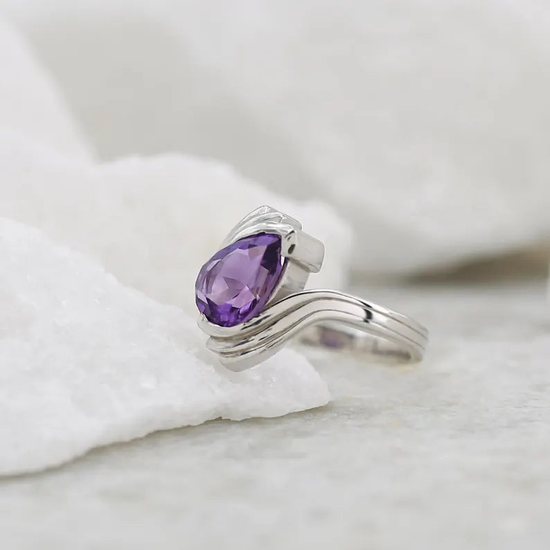 Tear drop shaped, amethyst engagement ring, bypass silver ring, color changing, february birthstone