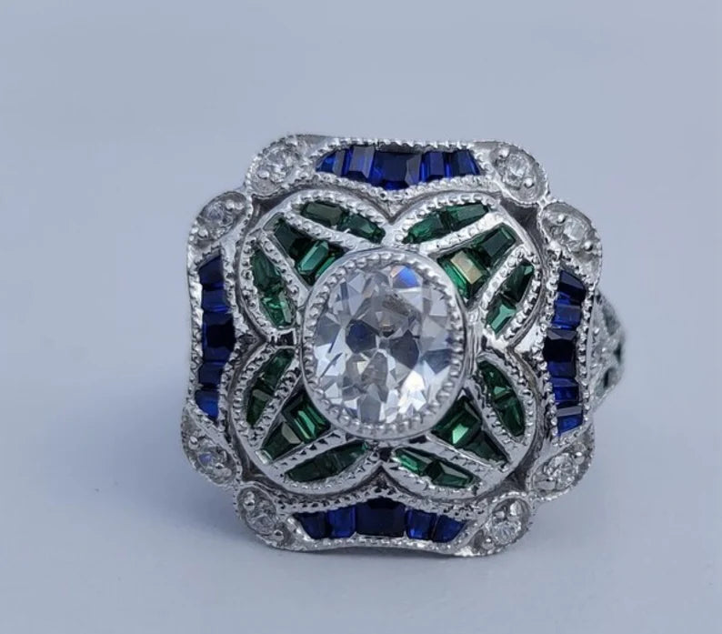 Art Deco Cocktail Stunning Sparkling Diamond Emerald Floral Engagement Ring, Vintage & Antique Ring, Sapphire and Diamond Ring in 935 Silver