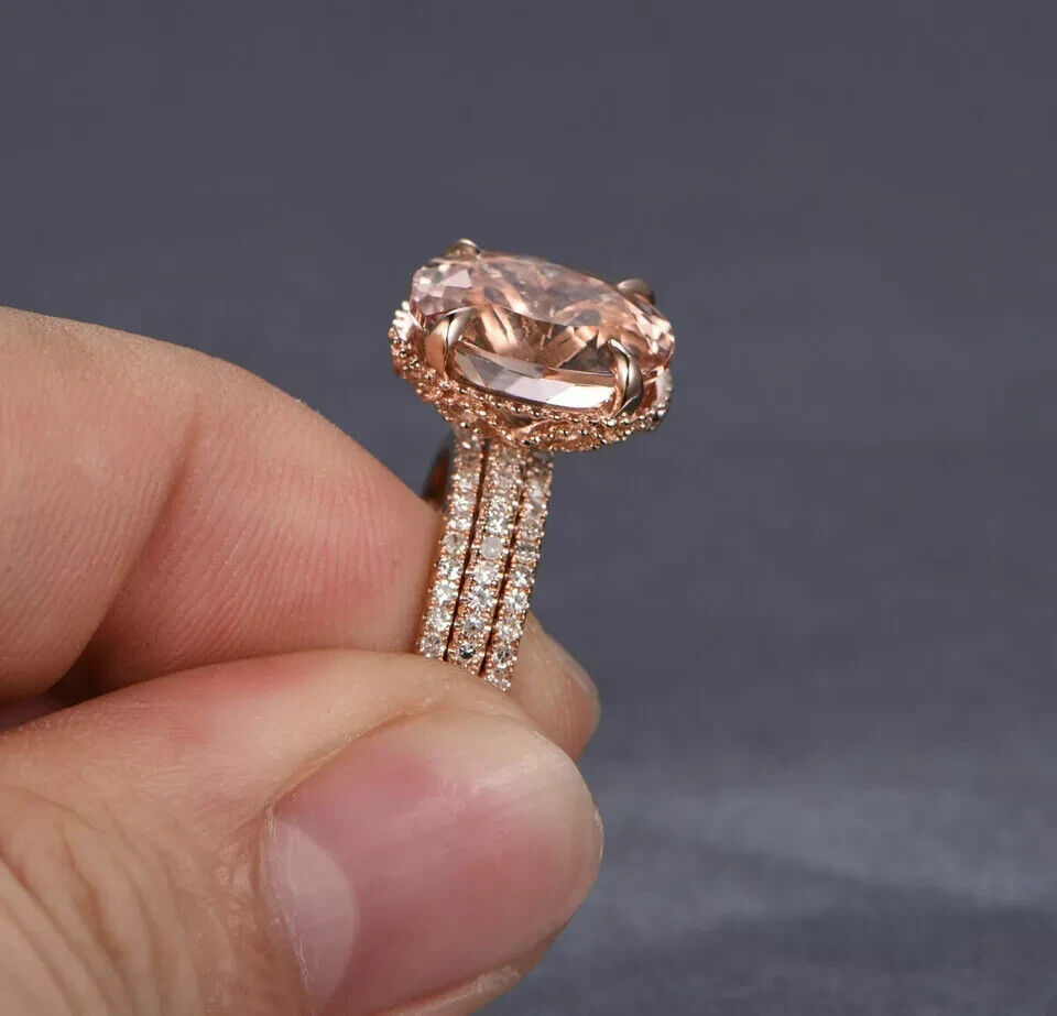 3.00CT Oval Morganite Lab-Created Halo Engagement Trio Ring 14k Rose Gold Plated