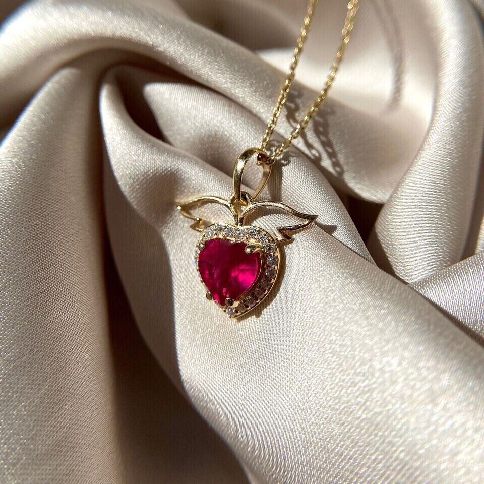 2.0Ct Heart Cut Lab Pink Ruby Heart & Wings Pendant 14K Yellow Gold Plated