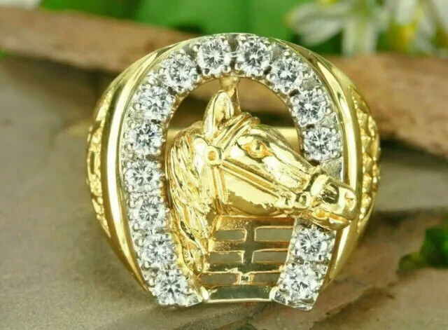 4.00Ct Round Cut Diamond Horseshoe Men's Ring 14K Yellow Gold Plated