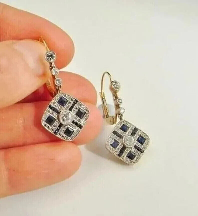 Art Deco Style 3Ct Lab Created Diamond & Sapphire Edwardian 925 Silver Earrings