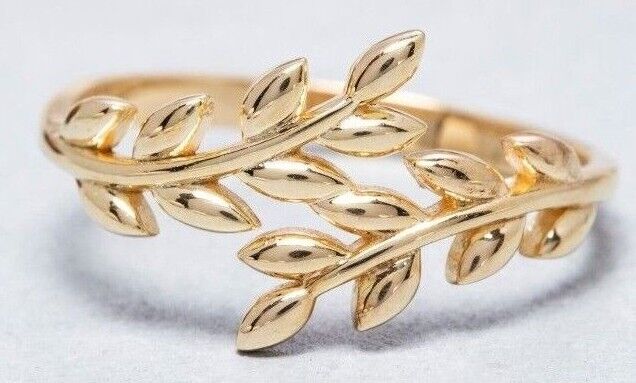 Real 14K Solid Gold silver 925 Olive Leaf Ring