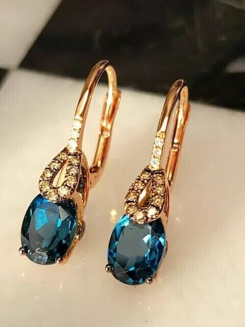 3.0Ct Oval Lab-Created London Blue Topaz Women Drop Earrings 14KYellow Gold Plated