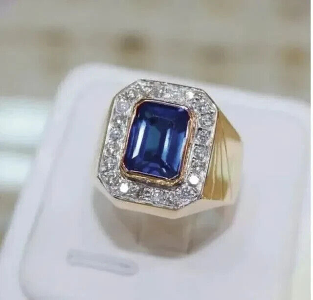 Blue Sapphire 5.0CT Emerald Cut Men Pinky Ring 14K Yellow Gold Plated