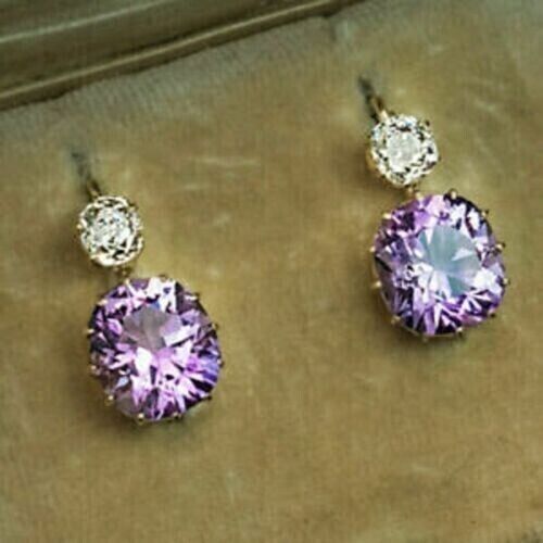 NEW 4Ct Cushion Cut Lab Created Amethyst DropDangle Earrings 14K Yellow Gold Finish