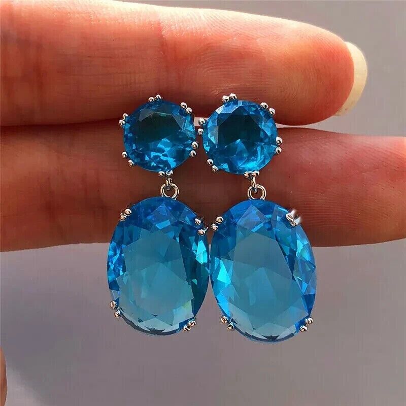 3.00Ct Oval Cut Lab Created Blue Topaz Drop Dangle Earring 14K White Gold Plated