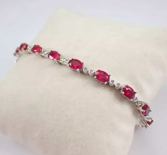 5.00Ct Oval Cut Lab-Created Red Ruby Unique Tennis Bracelet 14K White Gold Plate0