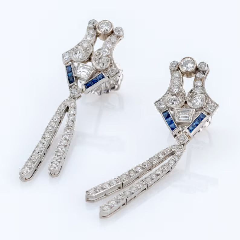 Art Deco Style Sapphire Lab-Created Diamond Drop Dangle 925 Silver Earring