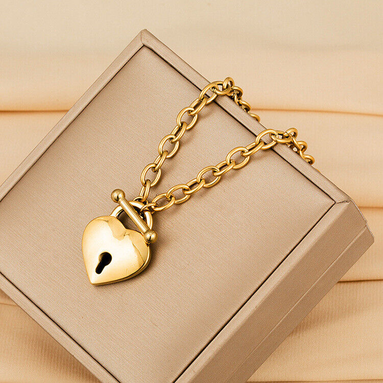 NEW Woman 18K Gold Plated SILVER 925 Heart Lock Charm Rolo Link Chain Toggle