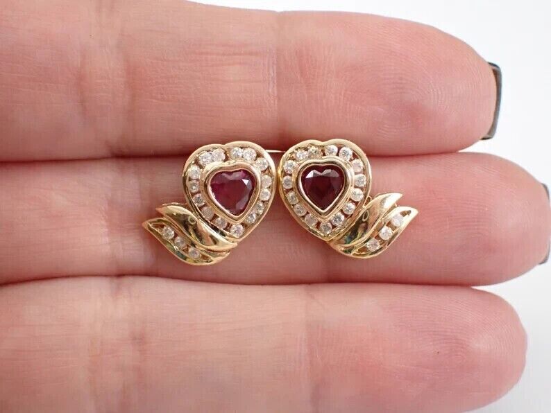 2.0Ct Heart Cut Lab-Created Red Garnet Halo Stud Earrings 14K Yellow Gold Plated