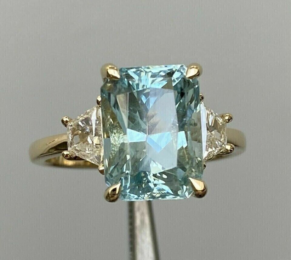 Aquamarine 3.50Ct Emerald Cut Engagement Ring 14K Yellow Gold Plated