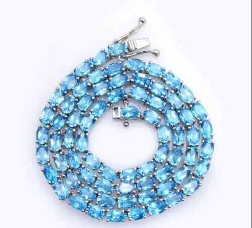 15.00CT Oval Cut Lab Created Blue Topaz Tennis Necklace 14K White Gold Plated