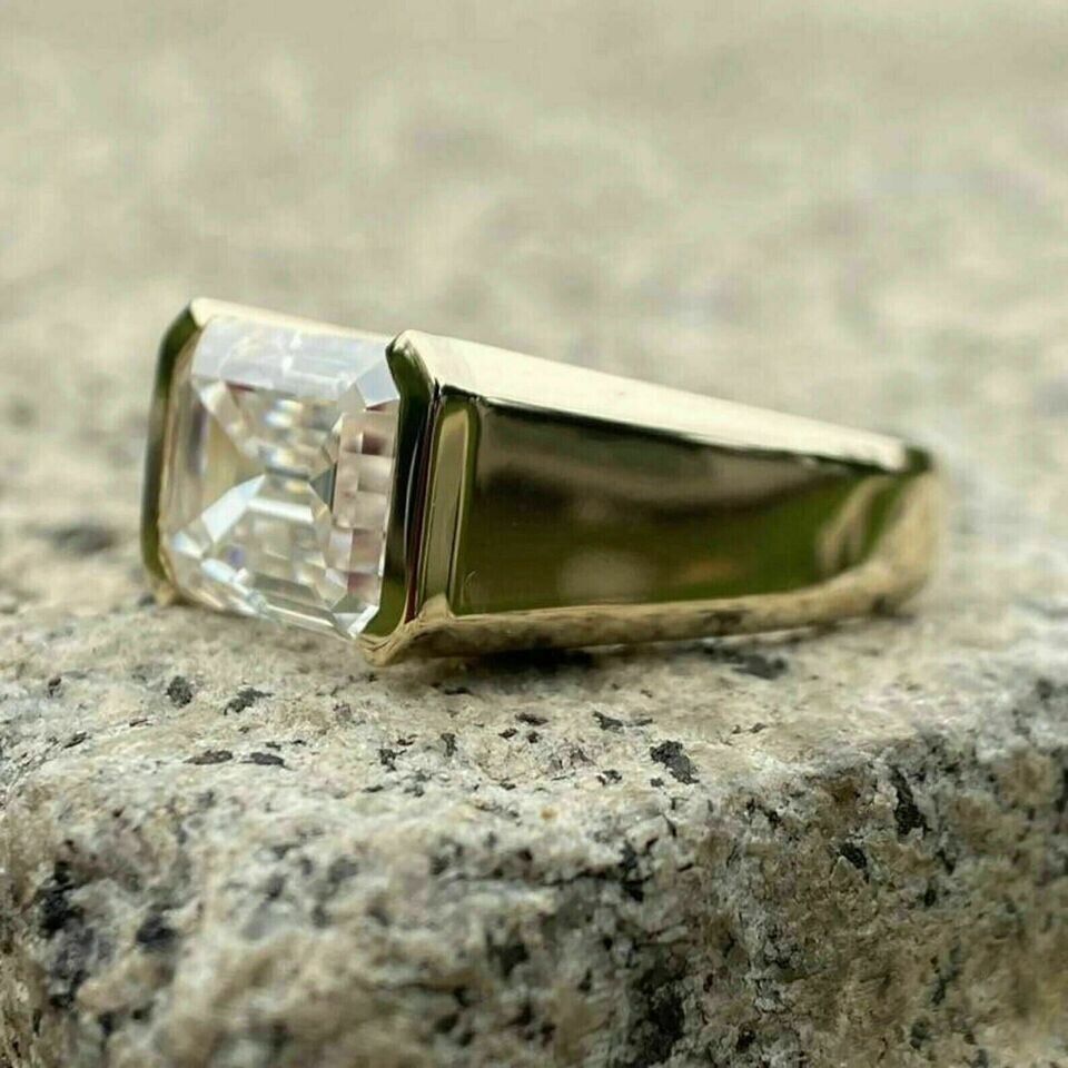 3.00Ct Emerald Cut Real Moissanite Solitaire Engagement Ring 14K Yellow Gold Plated