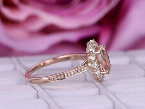 3.00 Ct Oval Cut lab-Created Morganite Halo Engagement Ring 14K Rose Gold Plated