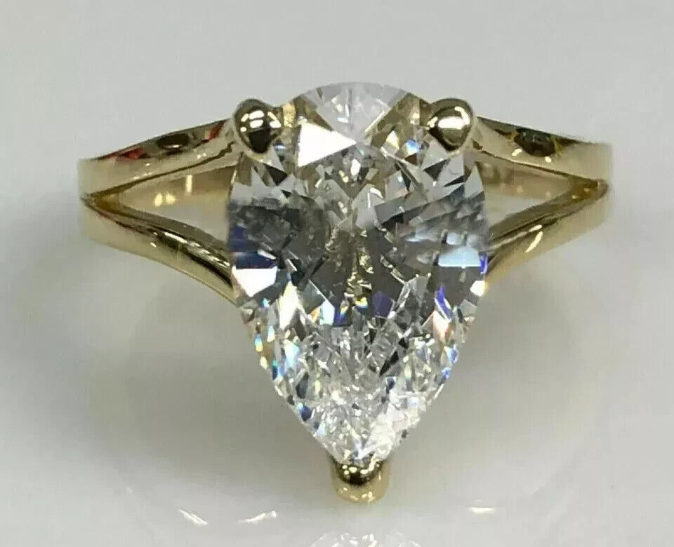 NEW 3.00 Ct Pear Cut VVS1 Moissanite Solitaire Engagement Ring Solid 14K Yellow Gold