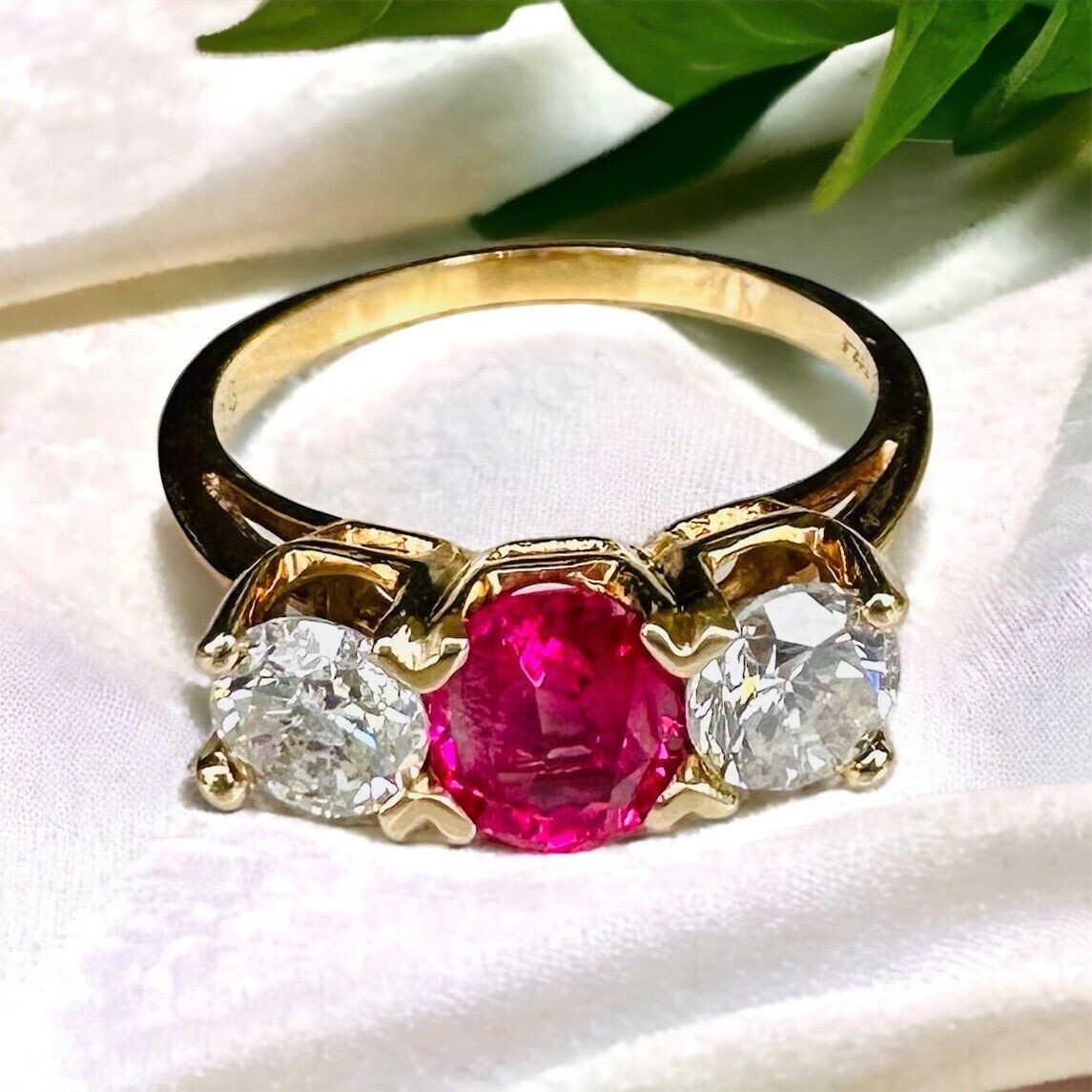 Vintage 14k Natural Ruby and 1ct Diamond Three Stone Ring Yellow Gold