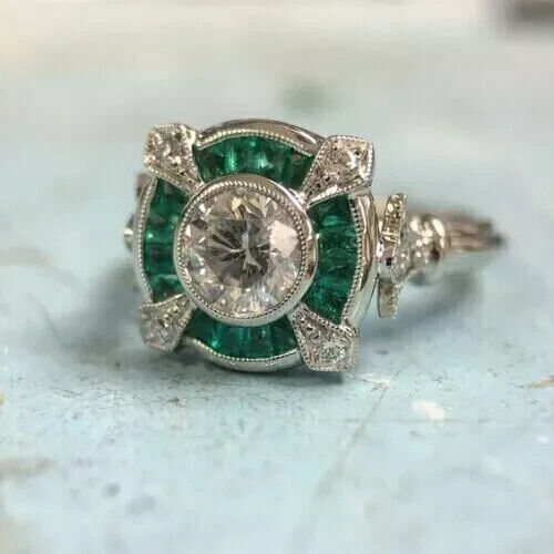 Art Deco Style Lab-Created Diamond & Emerald Engagement 14k White Gold FN Ring