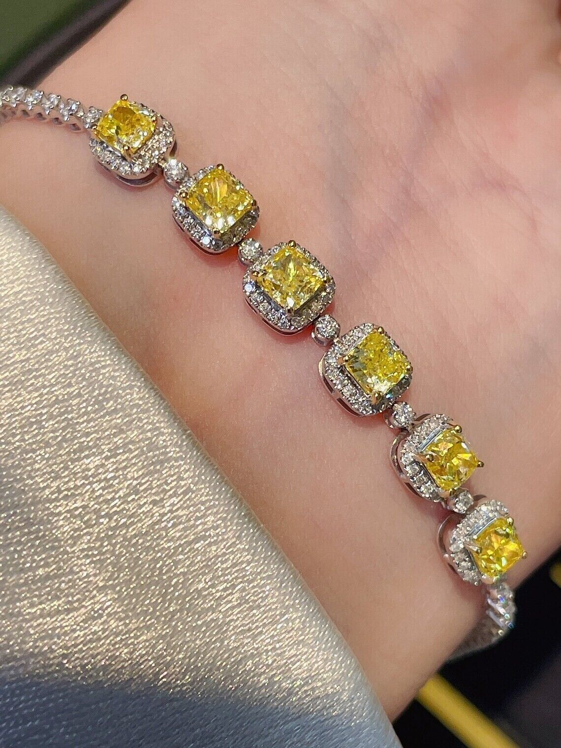 9.0.Ct Lab Created Canary Yellow Diamond Tennis 7.5Bracelet 14K White Gold Plated