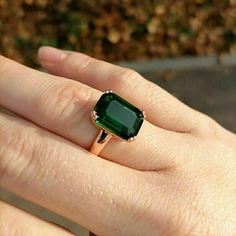 14K Rose Gold Plated Emerald Cut Lab Created Green Emerald Engagement Ring