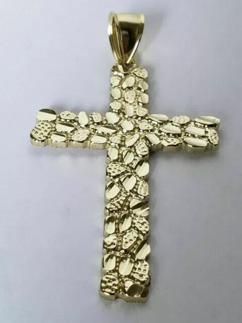 NEW 14k Yellow Gold Finish Men's Nugget Cross Crucifix Charm Pendant