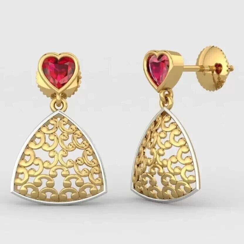 2.00Ct Heart Cut Lab-Created Ruby Women Drop/Dangle Earrings 14K Yellow Gold Plated