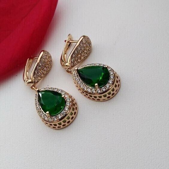 2Ct Pear Cut Lab Created Emerald Halo Drop Dangle Earring 14K Yellow Gold Plated