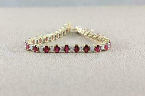 9.00Ct Oval Ruby & Diamond Lab Created Tennis Bracelet 14K Yellow Gold Plated silver