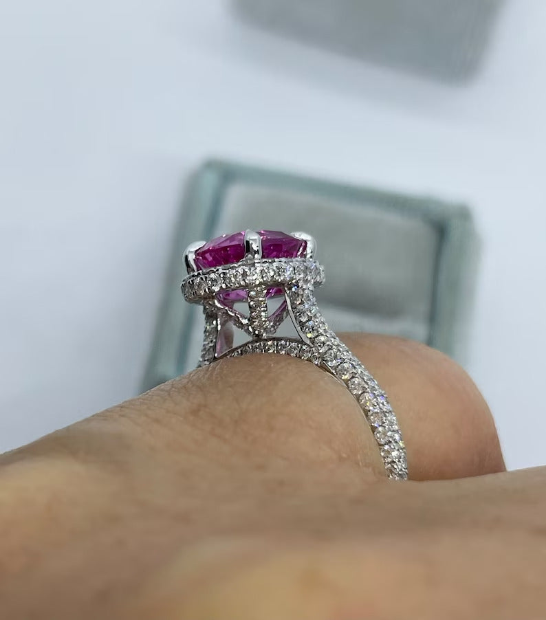 1.30 Ct Oval Cut Lab-Pink Sapphire Halo Wedding 14K White Gold Plated