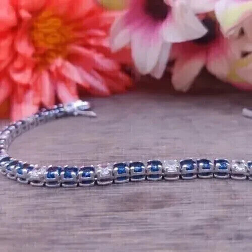 14.00Ct Round Cut Lab-Created Blue Sapphire Tennis Bracelet 14K White Gold Plated