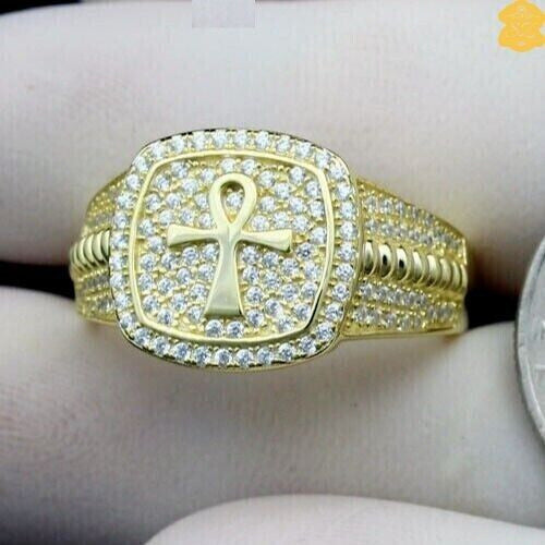 1.10Ct Diamond Cross Ring Men's Pinky Ring 14K Yellow Gold Plated