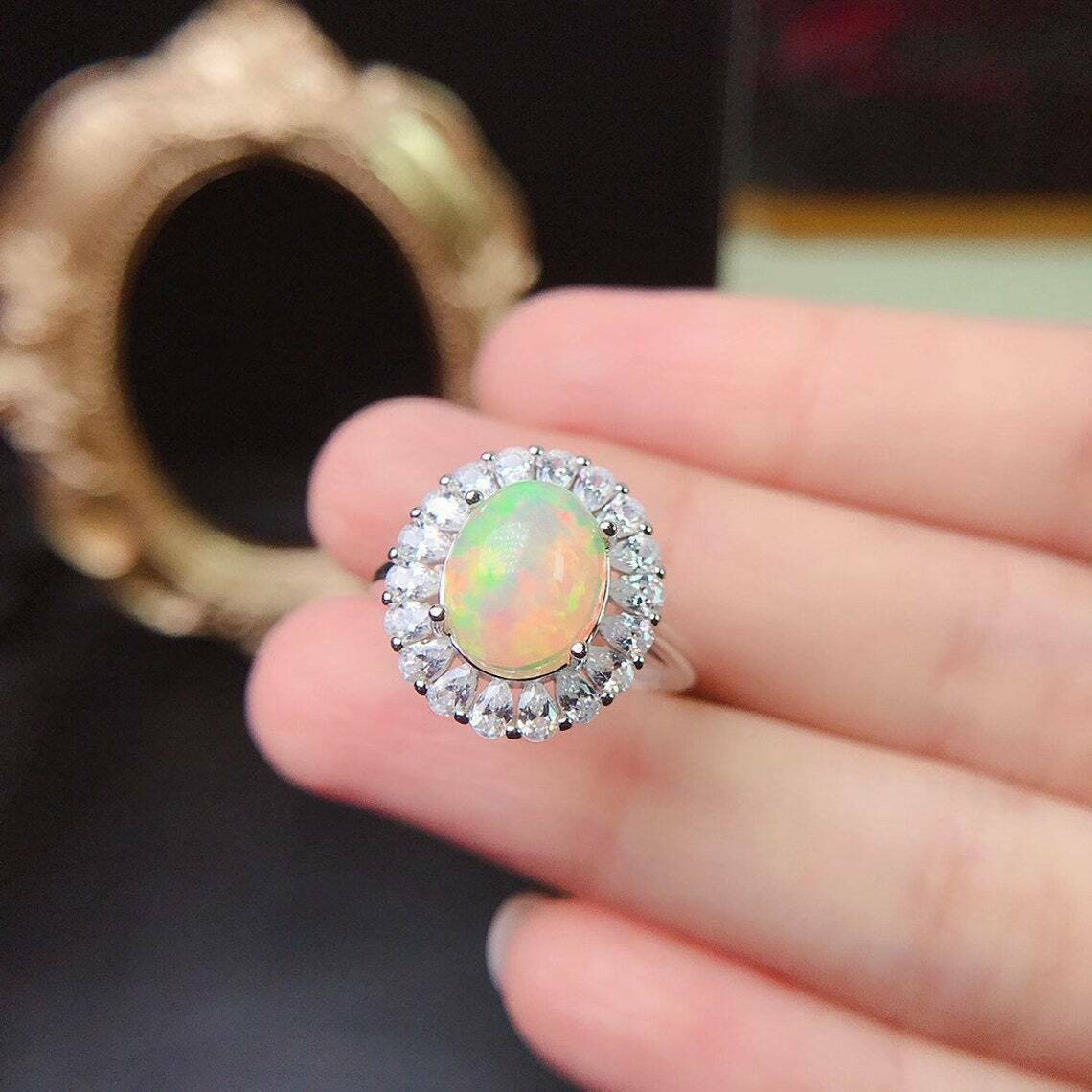 4.00Ct Oval Cut Fire Opal Diamond Halo Engagement Ring Solid 14K White Gold Finish