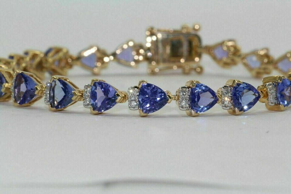 Trillion Cut Lab Created Tanzanite Pretty Tennis Bracelet 14k Yellow Gold Plated