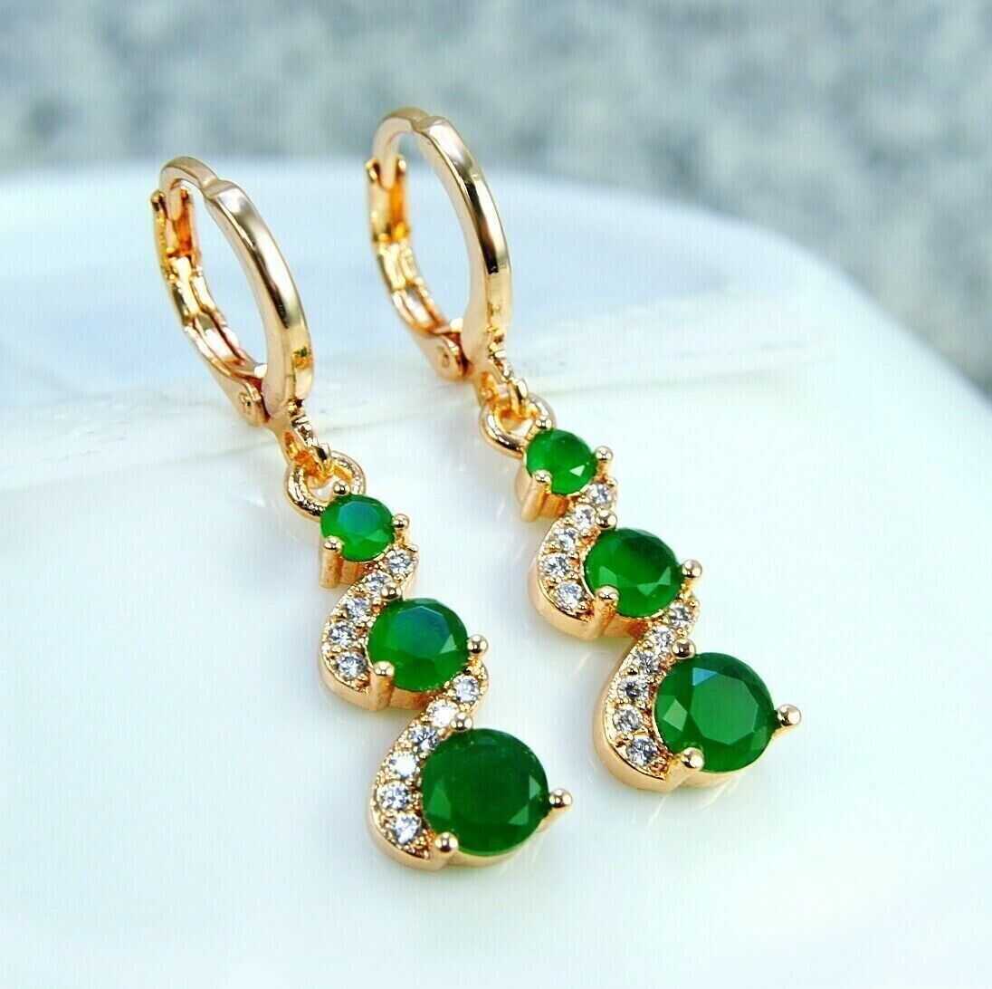 3.0CT Lab Created Round Green Emerald Drop Dangle Earrings 14K Yellow Gold Plated