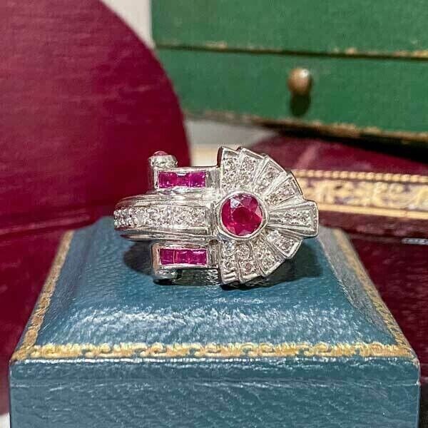 Vintage Art Deco Pink Ruby & Lab Created Diamond Engagement925 Silver Ring