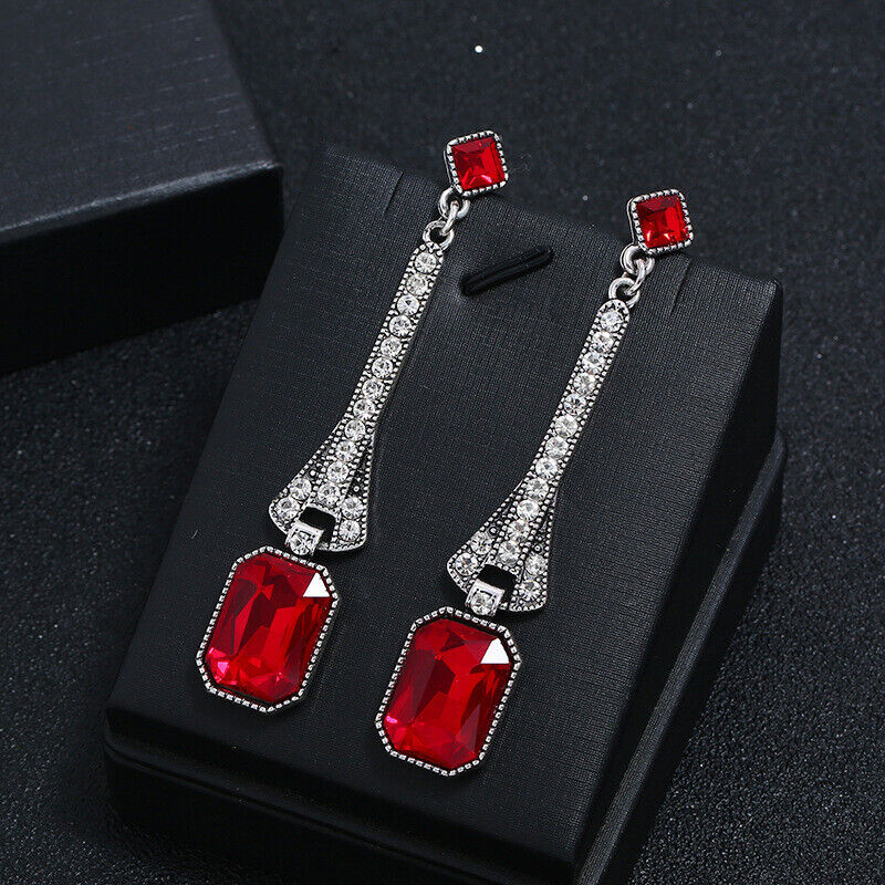 Art Deco Style Egypt Geometric SAPPHIRE Red Crystal Large Drop EARRINGS