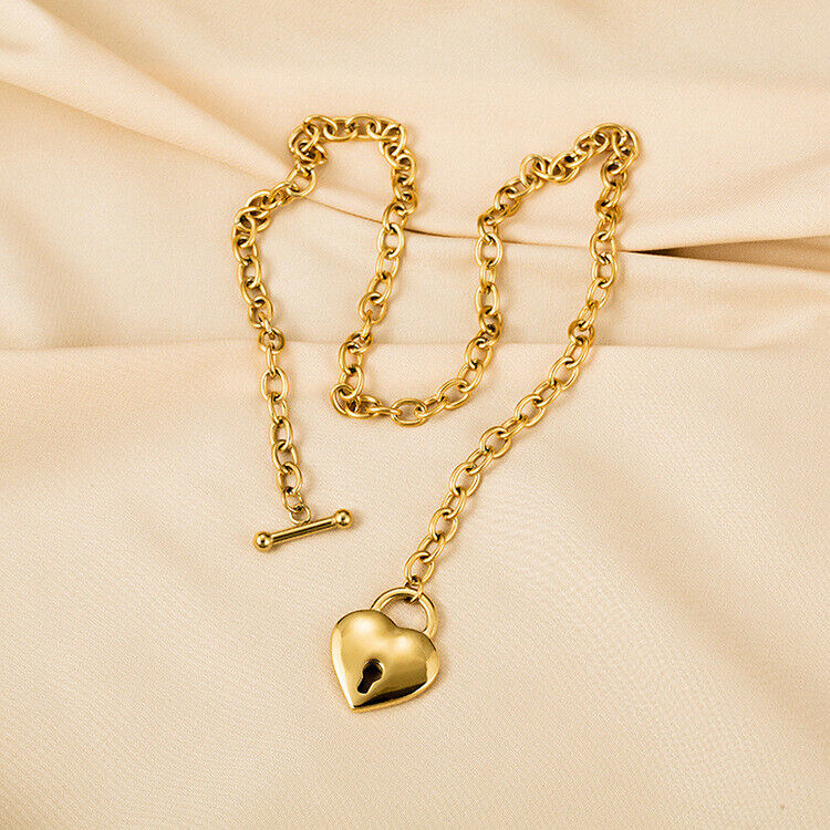 NEW Woman 18K Gold Plated SILVER 925 Heart Lock Charm Rolo Link Chain Toggle