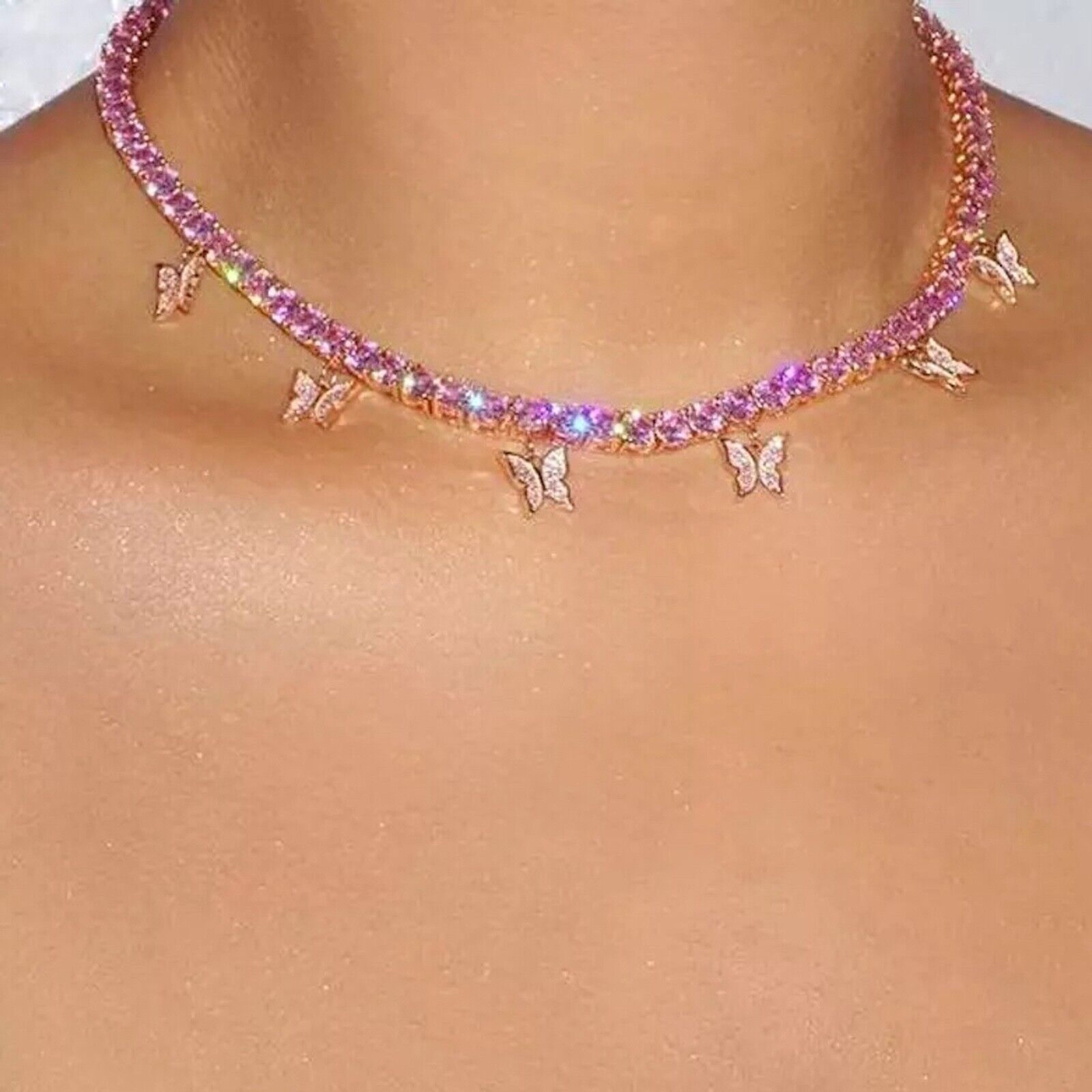 18k Rose Gold Filled 5mm Lab-Created Pink Sapphire Tennis Necklace w Butterfly