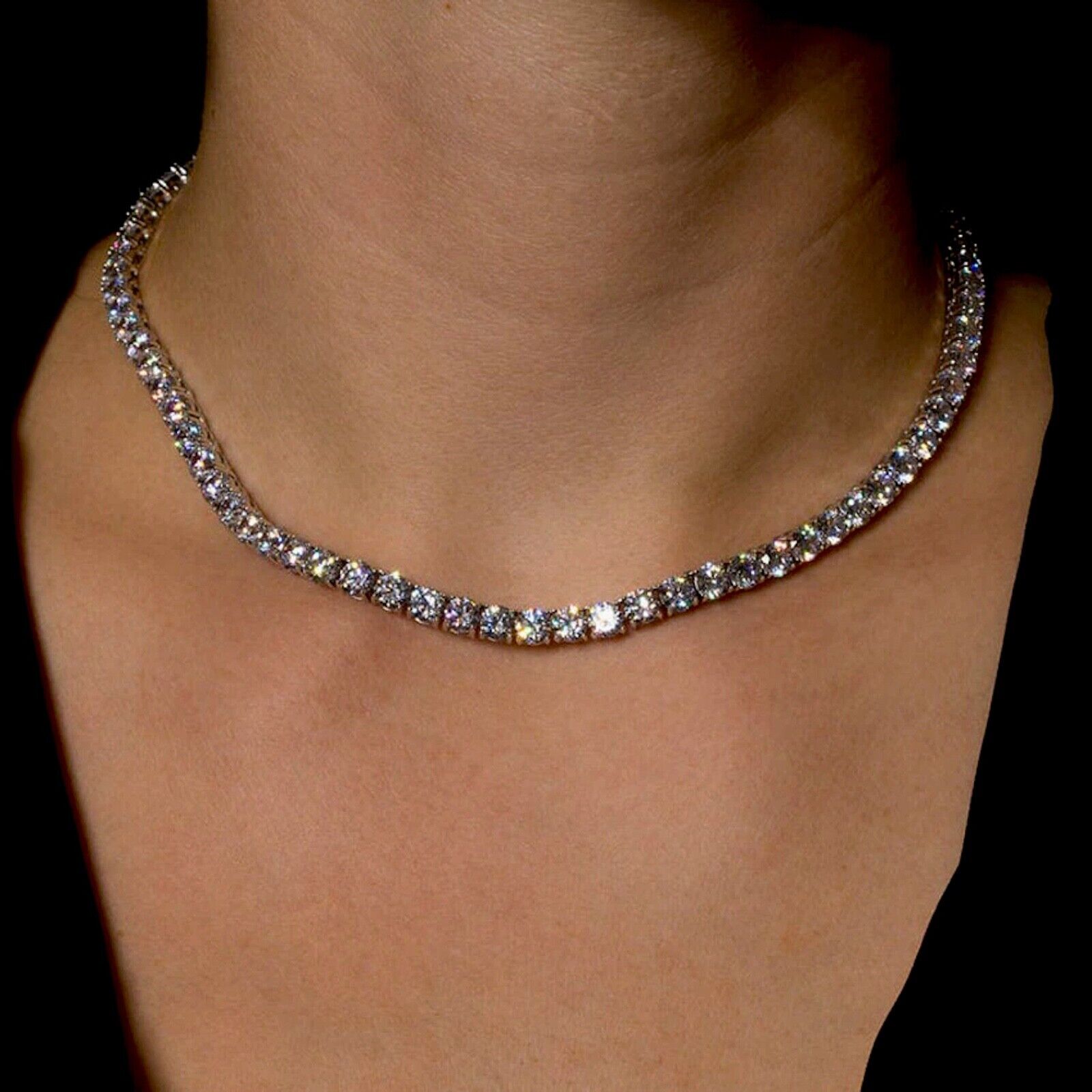 18k Platinum Plated Tennis Necklace made w Swarovski Crystal 3 mm Round Stone