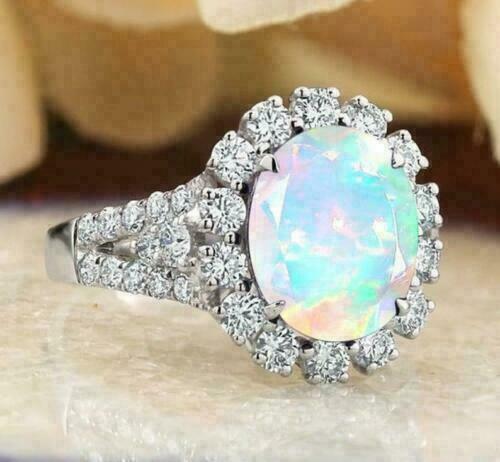 3.00Ct Oval Cut Opal Lab Women's Halo Wedding Ring 14K White Gold Plated