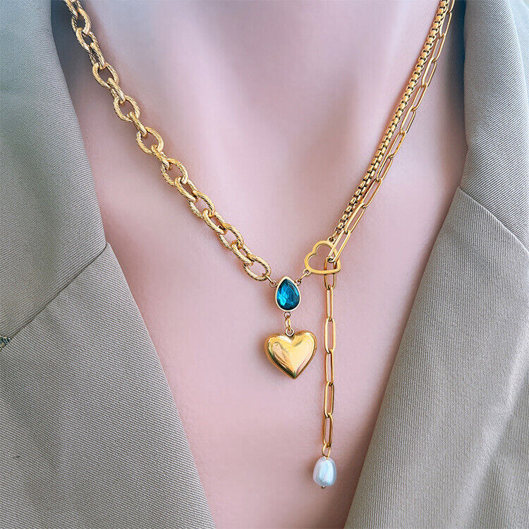 Women's 18K Gold Plated Blue Crystal Heart Pendant 925 SILVER Necklace