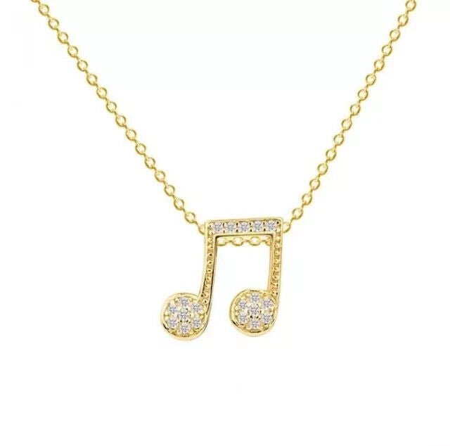 1Ct Round Cut Real Moissanite Music Note Pendant 14K Yellow Gold Plated 18 Chain