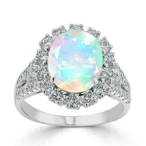 3.00Ct Oval Cut Opal Lab Women's Halo Wedding Ring 14K White Gold Plated